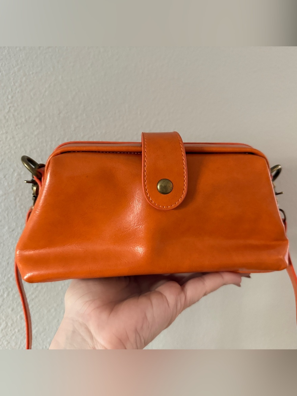 Compact Orange Leather Crossbody Purse